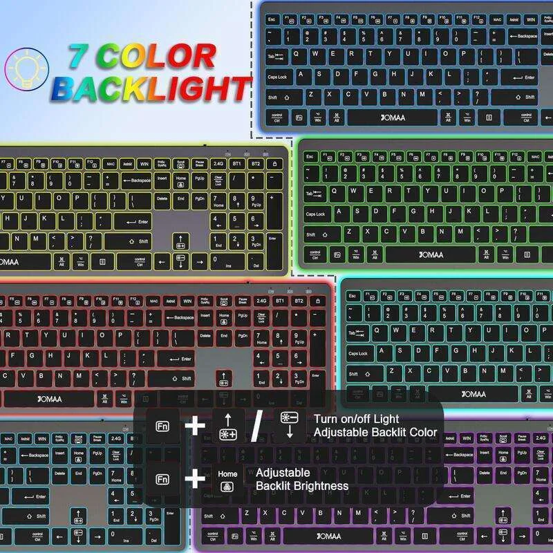 JOMAA Full Size Bluetooth Wireless Keyboard Backlit Led Light Rechargeable Bluetooth Keyboard for Desktop Laptop Tablet Windows