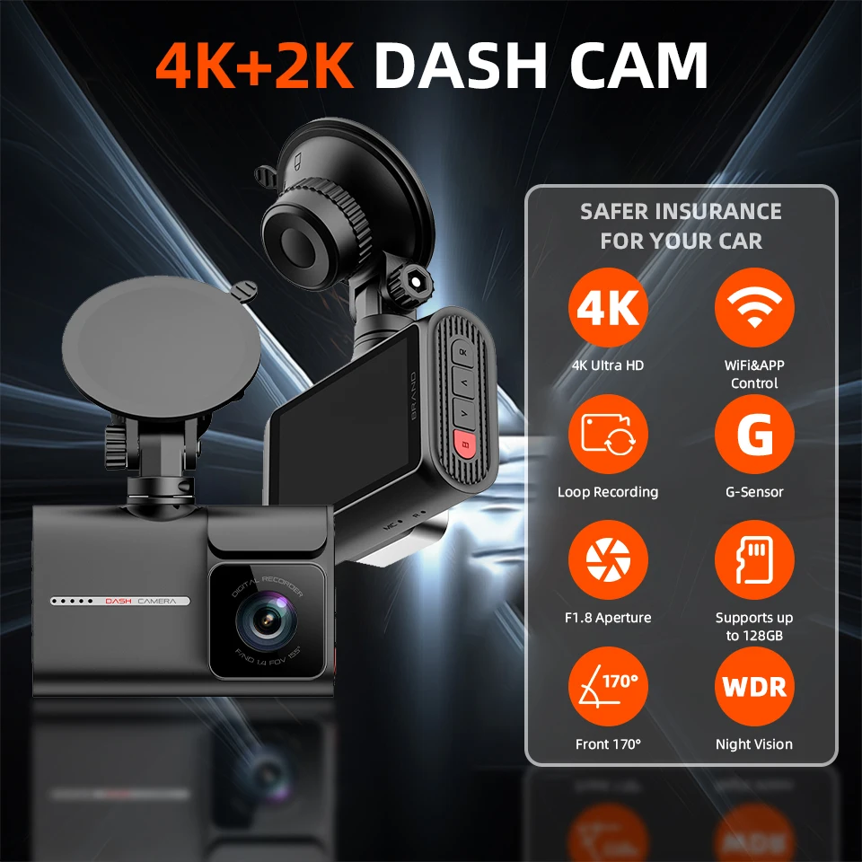 4K+2K GPS Dashcam Front Optional Rear Built-in WiFi Dual Dash Cam IPS Screen APP Controls G- Sensing Loop Record 24/7 Parking Mo