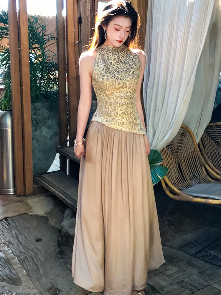 

Весенне-летнее атласное платье с пэчворком из яркого шелка, без рукавов, длинное, женское, винтажное, роскошное, вечернее, 2026, корейское винтажное платье-вестидос