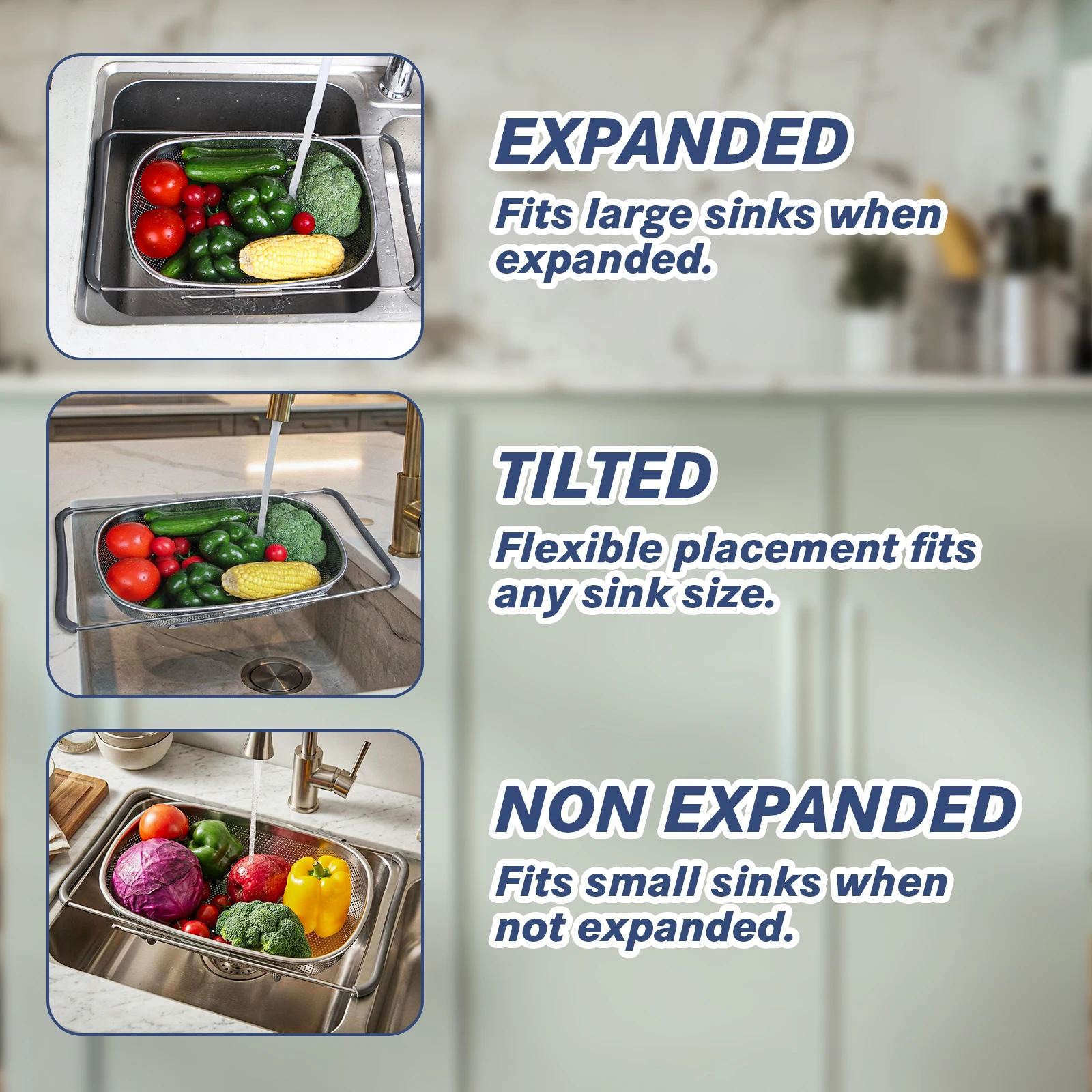 مجموعة مصفاة حوض من الفولاذ المقاوم للصدأ بمقبض تلسكوبي - سلة مصفاة شبكية معدنية لغسل الفواكه والخضروات #3