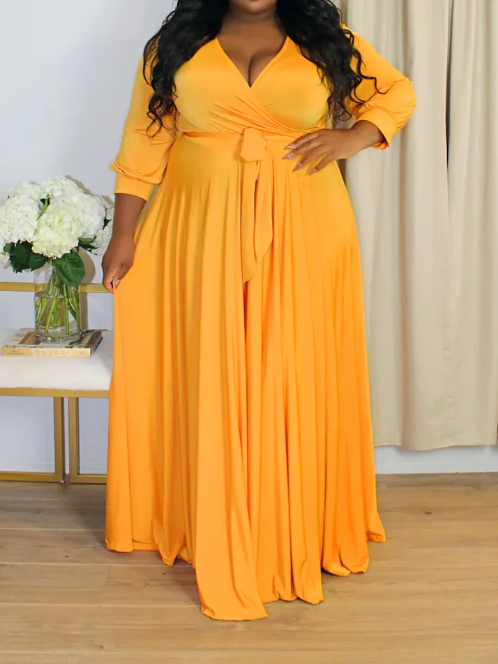 Fall Winter Elegant Comfortable V-neck Long Dress with Belt Full Sleeves Casual Maxi Dresses Plus Size Clothing