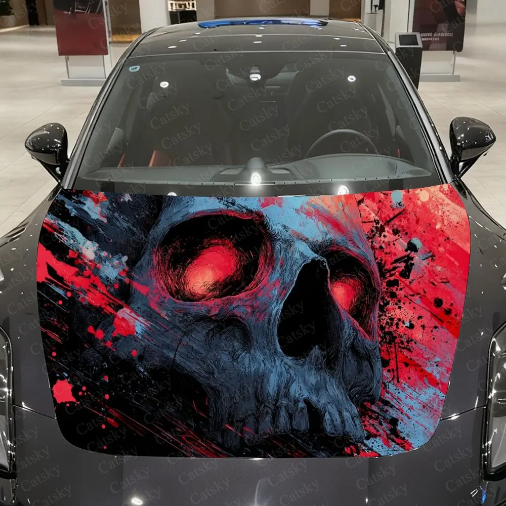 

Blazing-Eyed Skull Red-Blue Splash Car Vinyl Wrap, PVC Material Waterproof Car Hood Sticker, Self-Adhesive Scratch-Resistant Sti