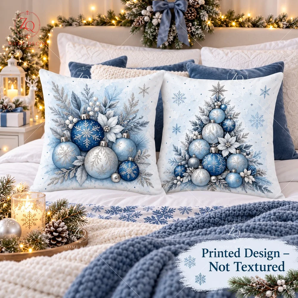 Luxury Blue Christmas Throw Pillow Case 2D Flat Printed Peach Skin Cushion Cover Pine Needle Decor For Living Room Sofa Bed Car