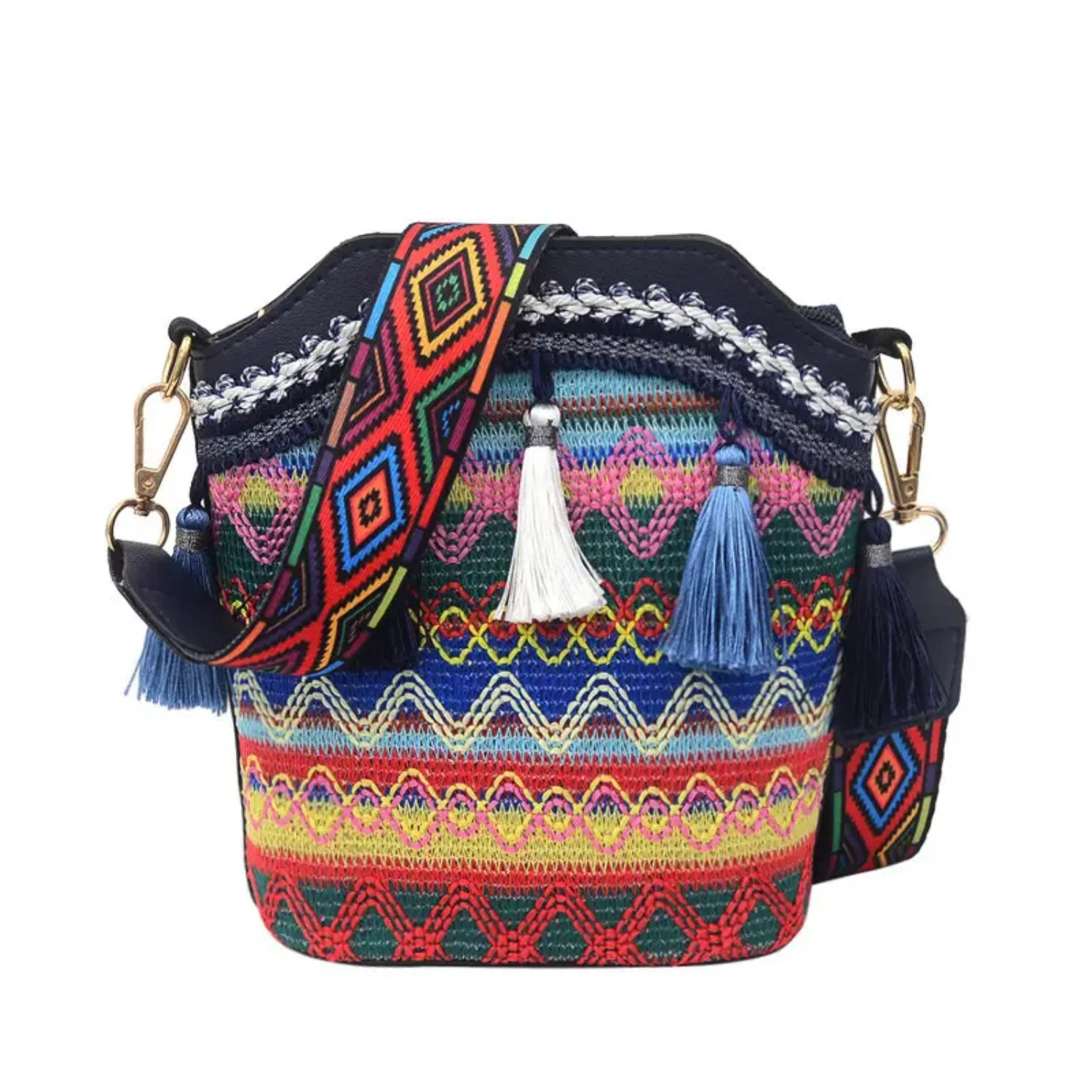 

Women's Ethnic Style Woven One Shoulder Crossbody Bag, Colorful Tassel Decor Bucket Bag