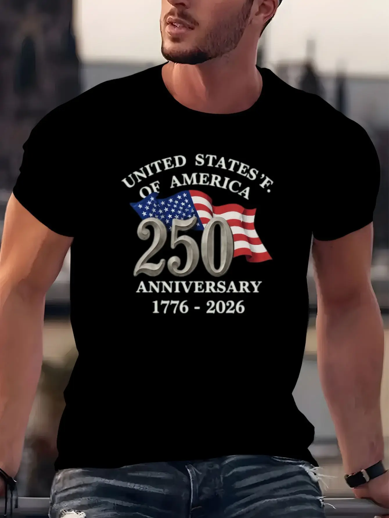 Men's T-Shirt with American 250Th Anniversary Commemorative Design, Patriotic Style, White Text with American Flag Elements, 1776-2026 Year Logo, 250 Number Decorative Style Top