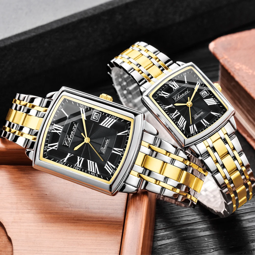 

CHENXI Роскошные кварцевые часы Классические деловые водонепроницаемые мужские часы с квадратным циферблатом Женские часы Дата Неделя Часы для пары