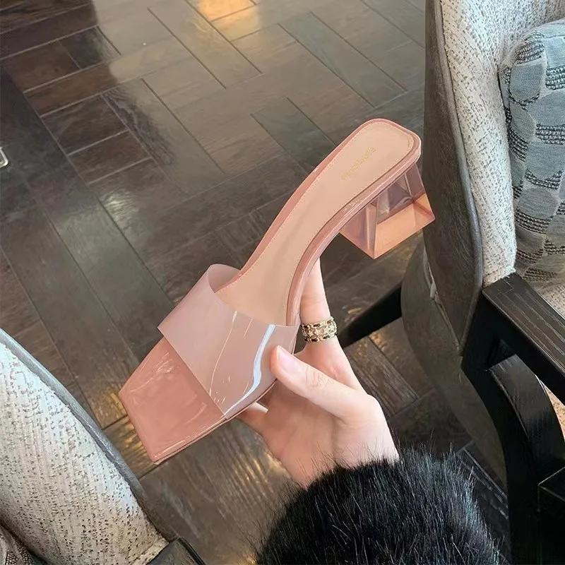 Zapatos de tacón alto con punta abierta para mujer, sandalias transparentes de PVC, zapatos de verano kapcie