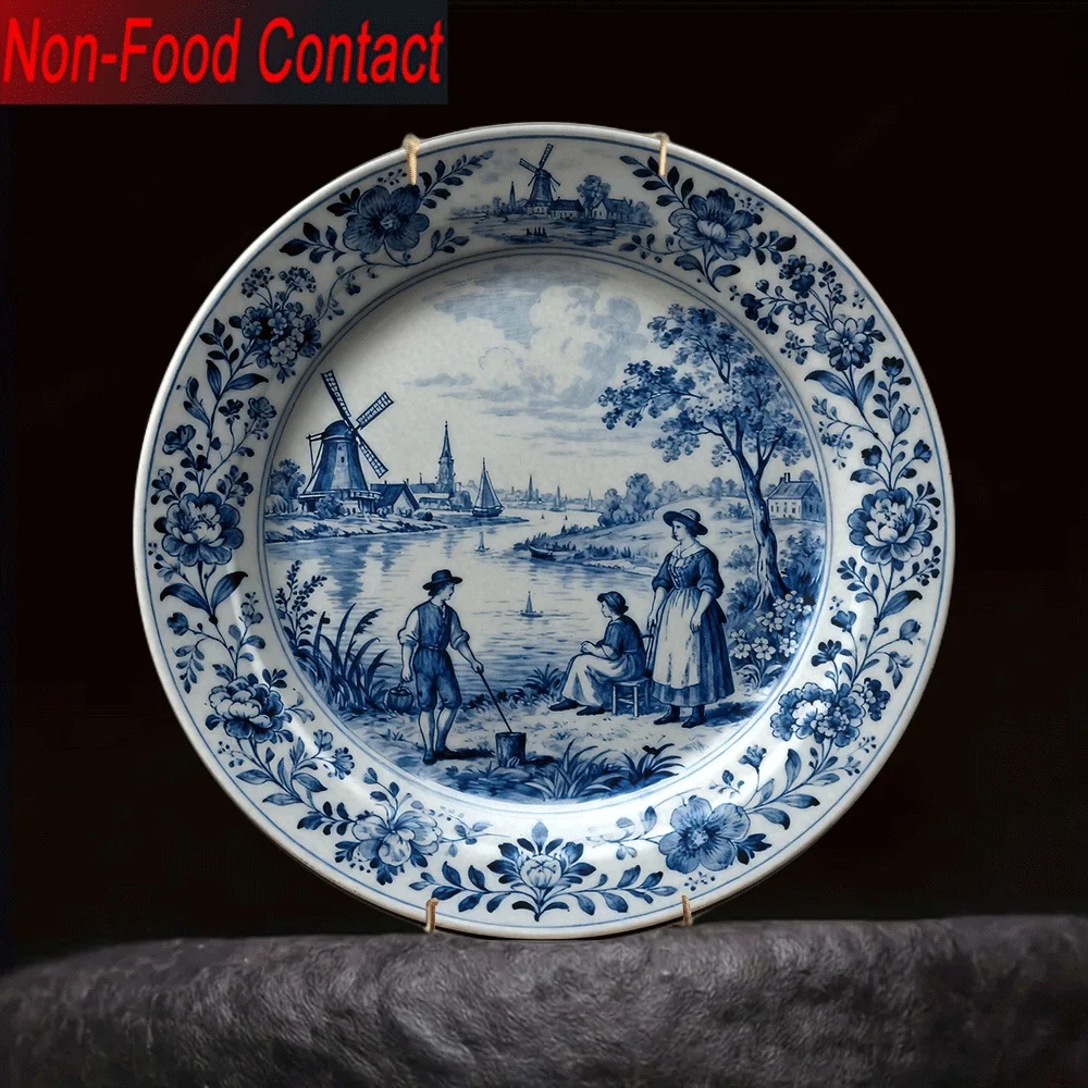 Vintage Blue and White Holland Canal Scene Art Ceramic Decor Plate， Suitable for families, living rooms, and offices
