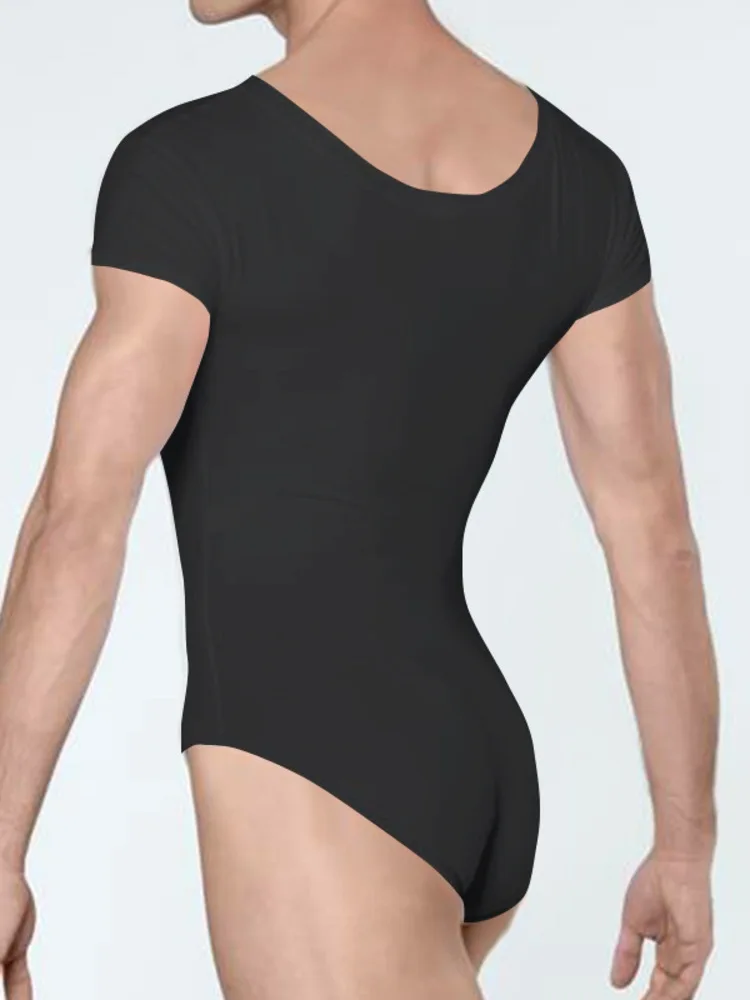 ชุดรอมเปอร์แขนสั้นคอวีสีทึบของผู้ชายสําหรับการเต้นรําบัลเล่ต์ การแสดงบนเวที ชุดบอดี้สูทฝึกซ้อม