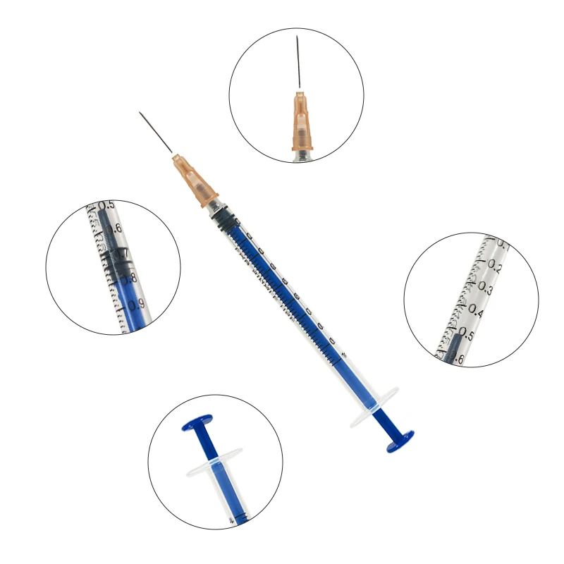 Seringa descartável azul de 1ml/cc, 100 peças com agulha 26g 5/8 polegadas estéril embalada individualmente para distribuição industrial, animais de estimação, animais