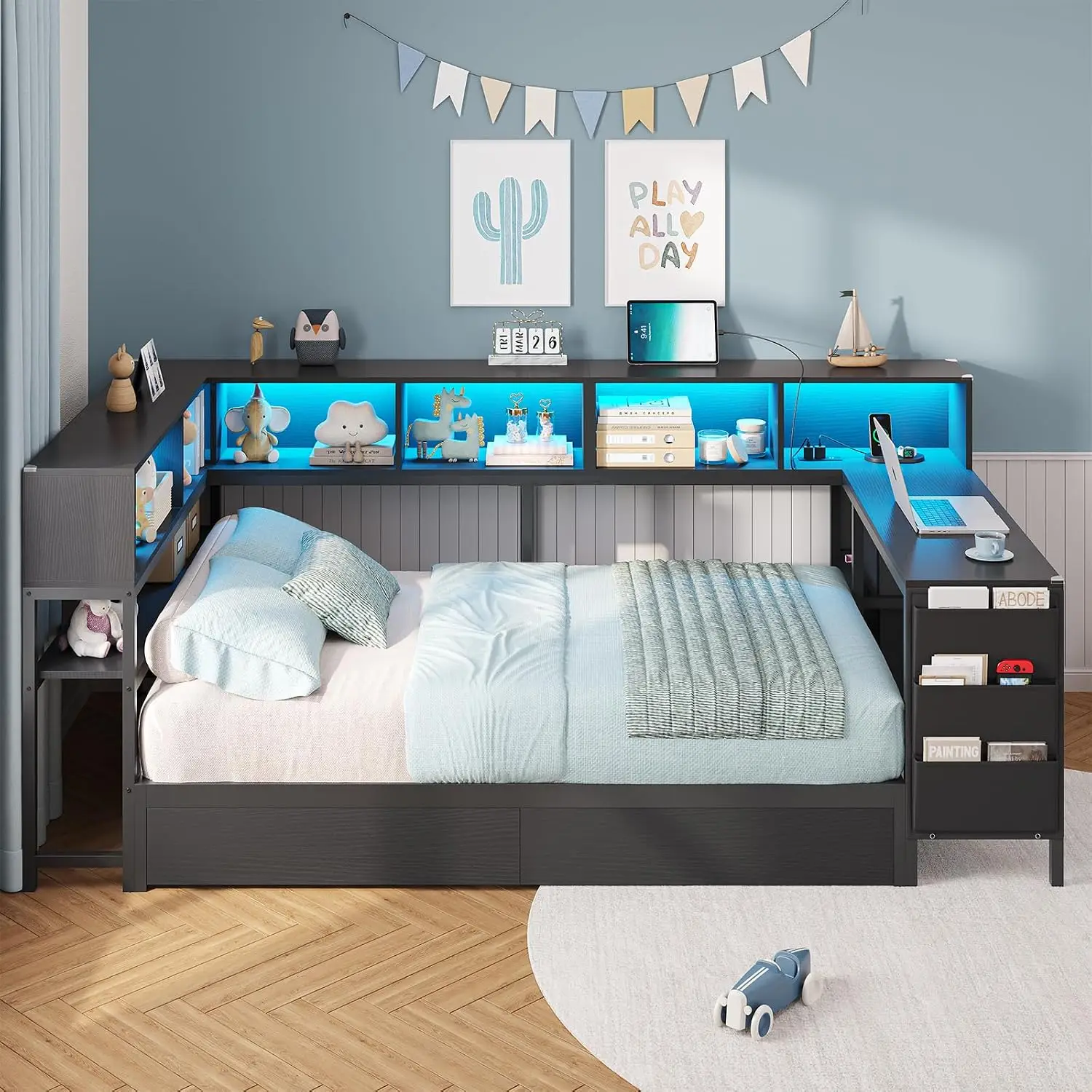 Corner Twin Bed Frame Desk Storage Drawers LED Lights Charging Station Bookcase Shelves Kids Teen Bedroom Black Customized