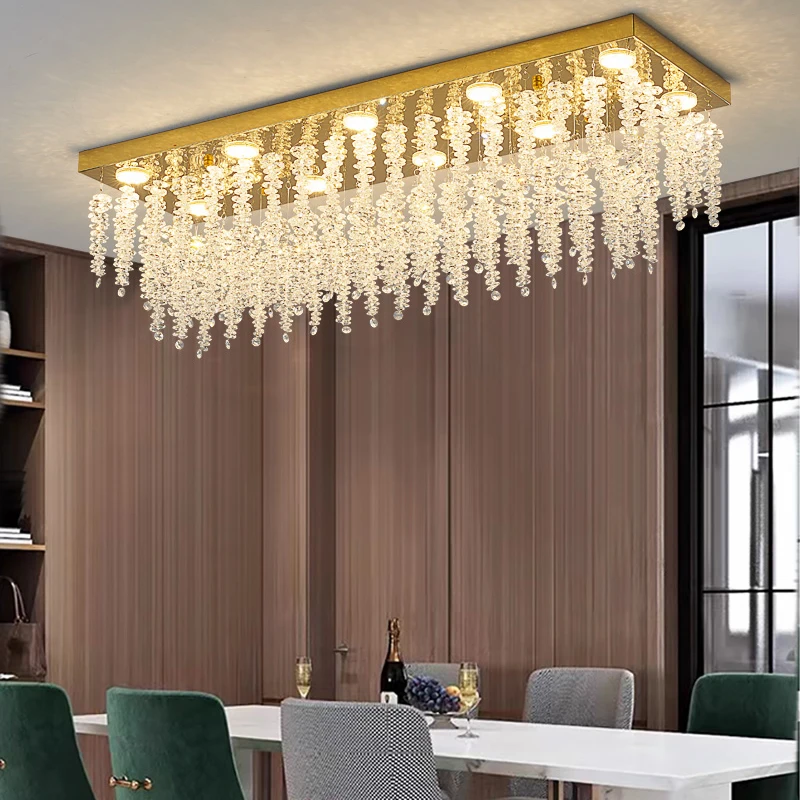 Luxury Rectangular Crystal Chandelier, Gold Hanging Light, Dining Room Living Room Lighting, Home Decorative Ceiling Light