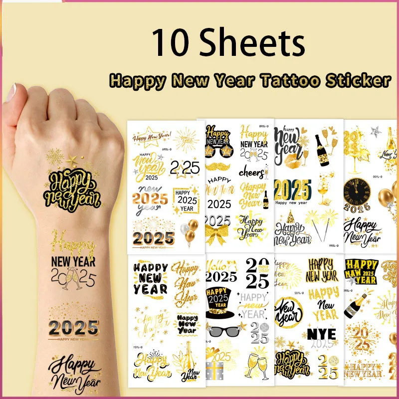 10 Sheets Black Gold 2025 Happy New Year Theme Temporary Tattoos Bady Face Sticker for New Year Party Favors Decoration