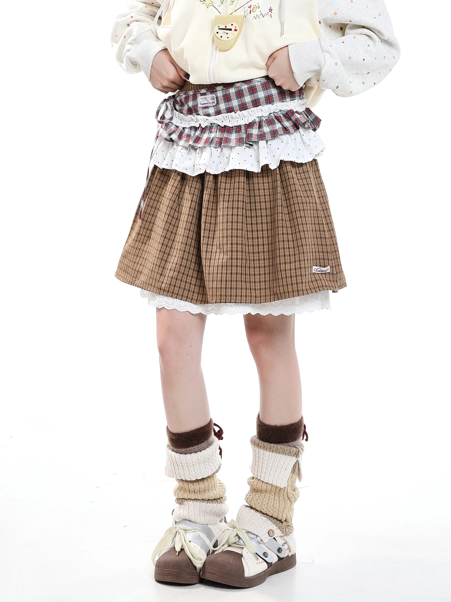 Chic Polka Dot Plaid Outerwear Half Skirt Women's High Waist Slimming Design Belted Layered Skirt Korean Style Summer Fashion
