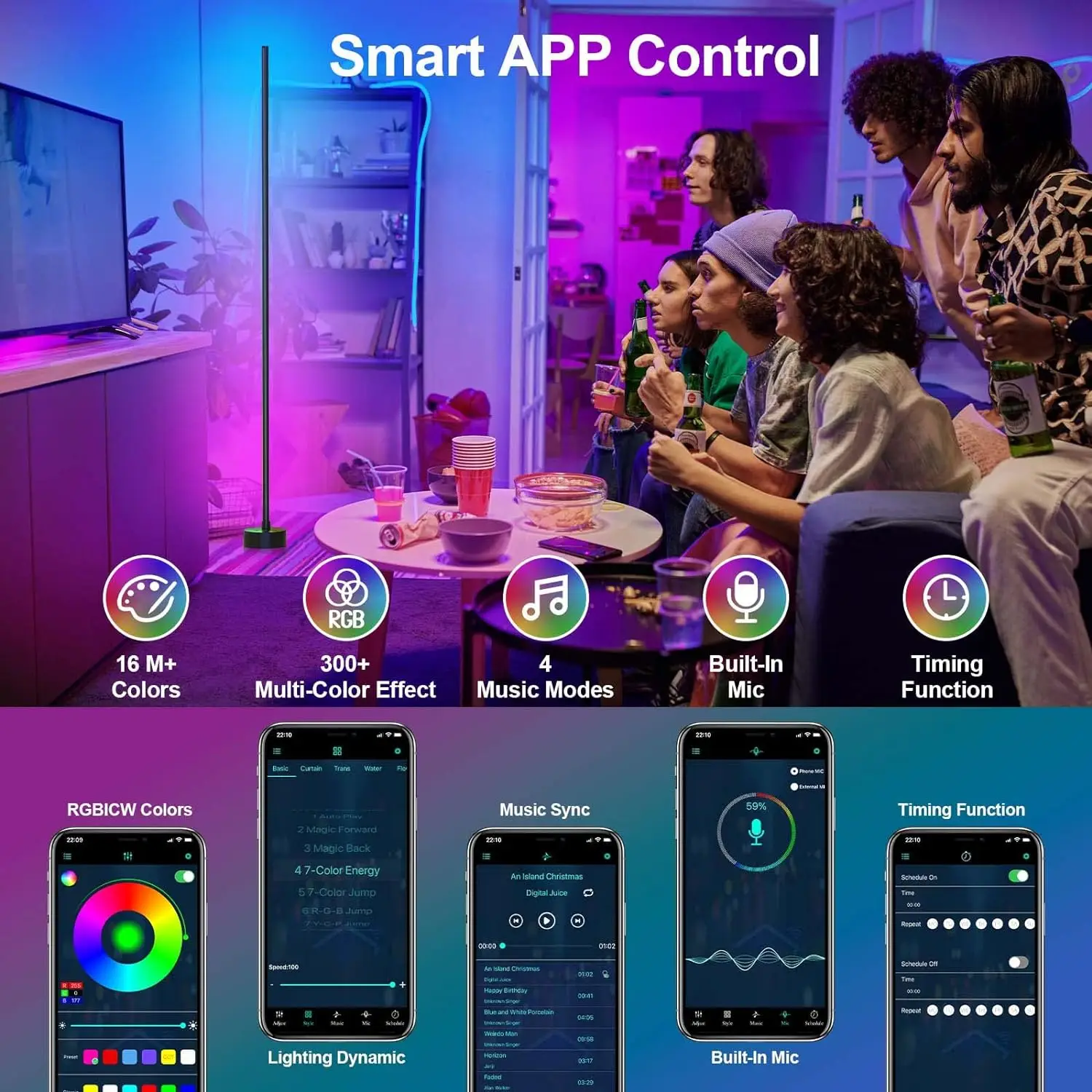 Corner Floor Lamp 18W Smart 120LED RGBIC LED Corner Lamp with App 2.4G Remote Control 16 Million Colors & 68+ Scene Music Sync