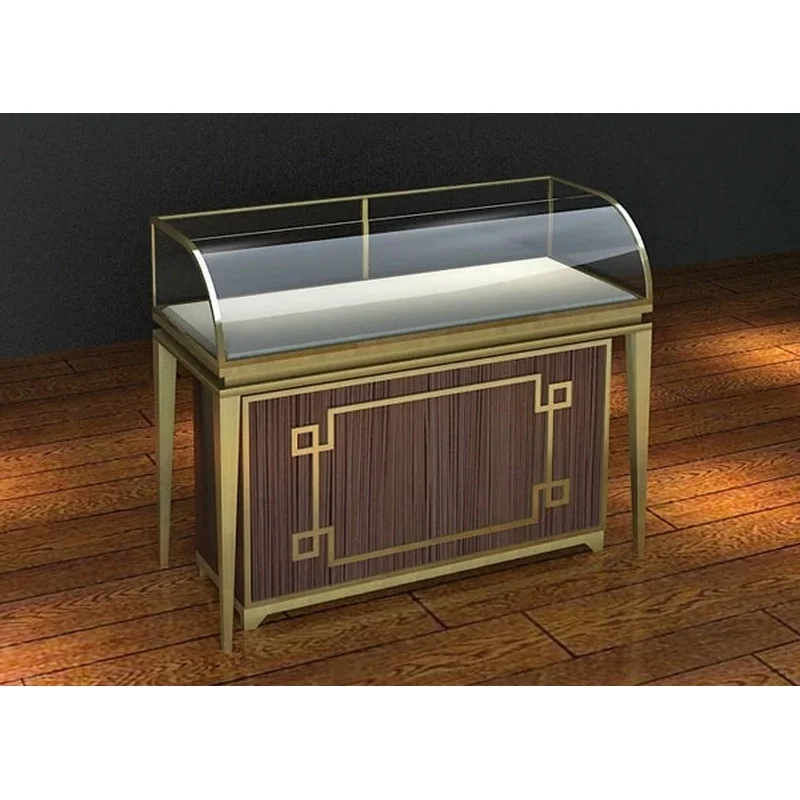 custom.Two-Tier Champagne Gold Stainless Steel Glass Jewelry Display Cabinet With LED Light Custom LuxuryJewellery Watch Store S