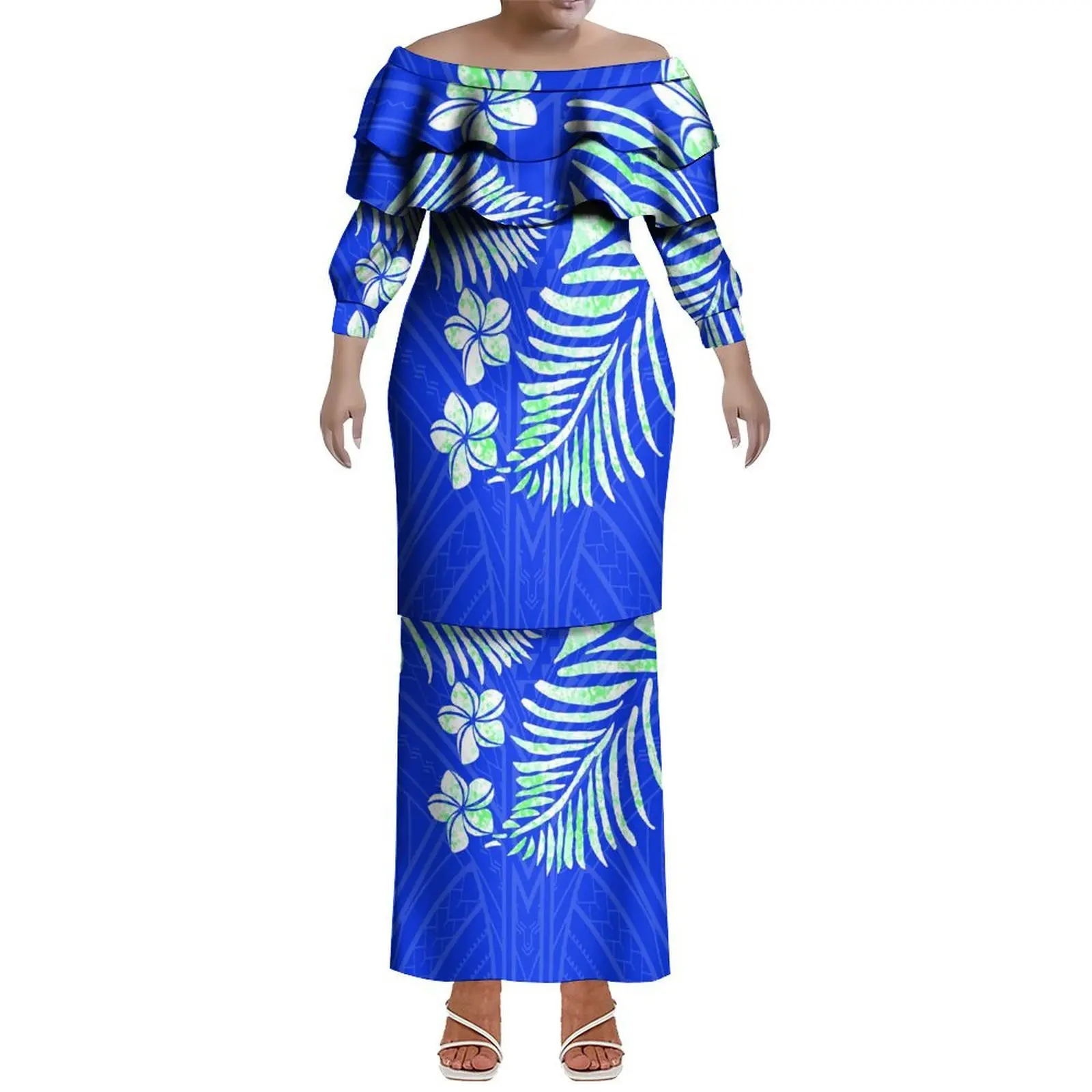 Puletasi Figure-Hugging Dress With A Lotus Leaf Collar Custom-Made Polynesian Tribal Women'S Clothing Featuring Samoan Prints