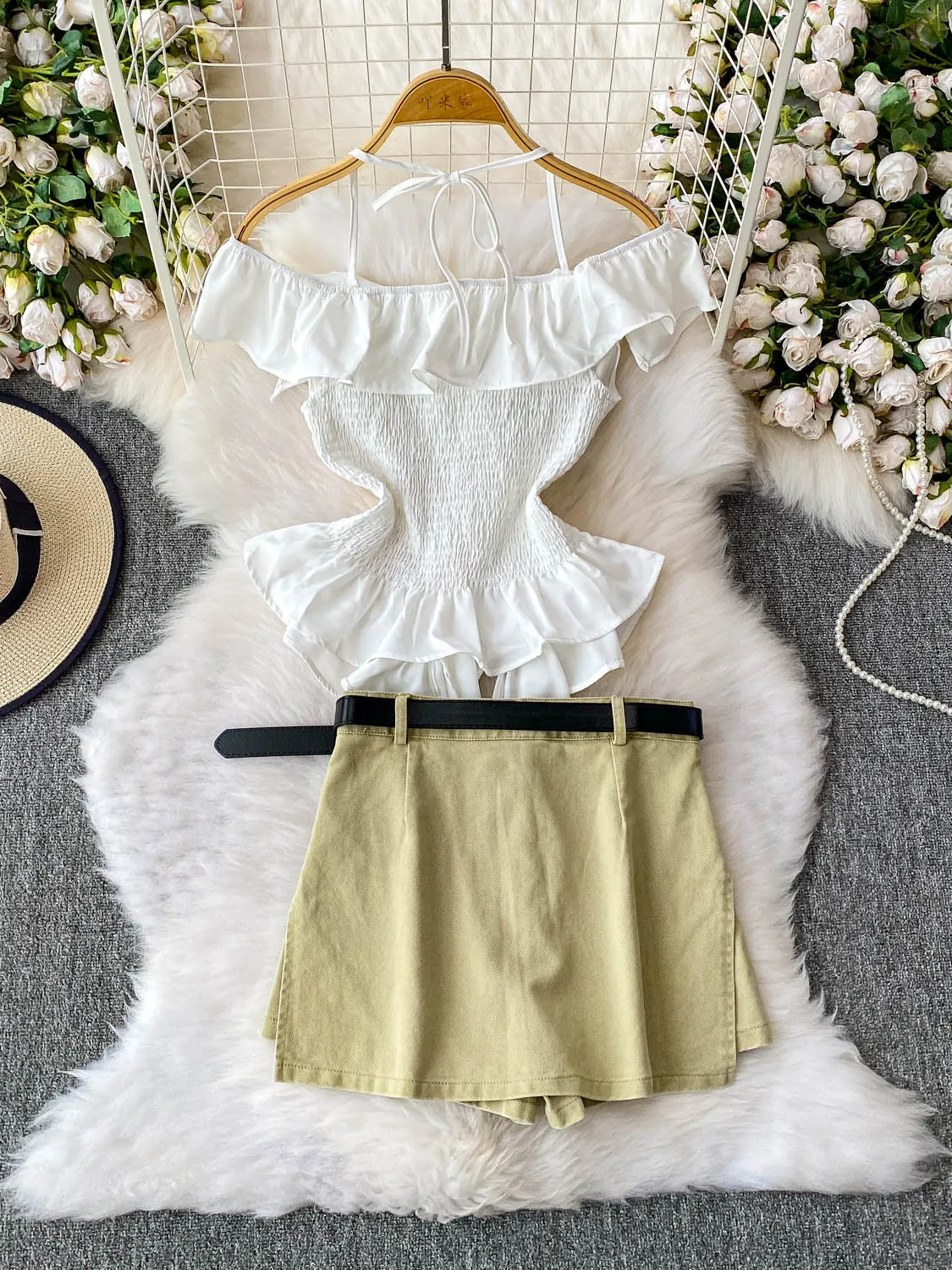 

Sexy Lace Trim off oulder Ne Hanging High Waist Denim orts Set Faionable ort Sve Button down Women's Ensemble