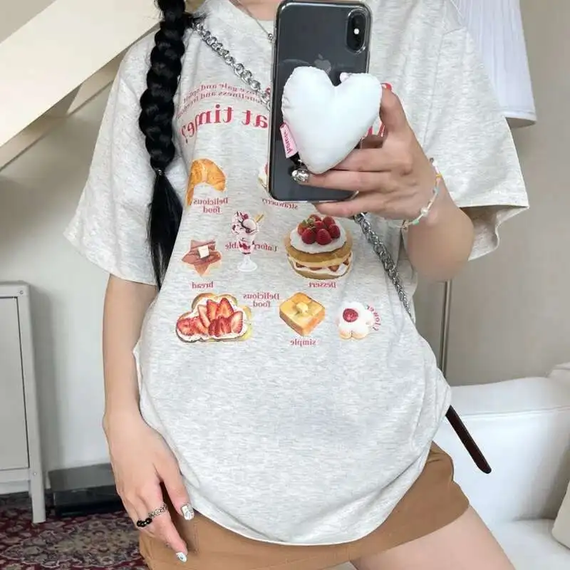 Summer Ice Cream Dessert Printed Women Tshirt Crew Collar Short Sleeve Casual T-shirt Delicious Food Pattern Daily Tee Shirts