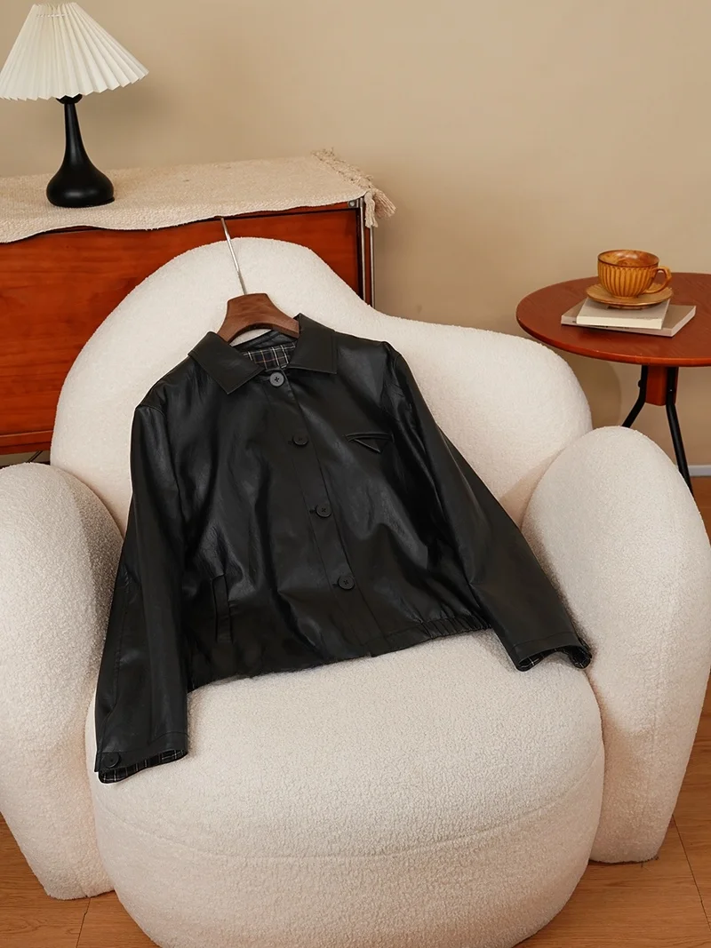 Ele Casual ort PU Leather Jaet Vintage Faion Turn-down Collar Autumn New Sle Women's Top Quali Matching Versatile