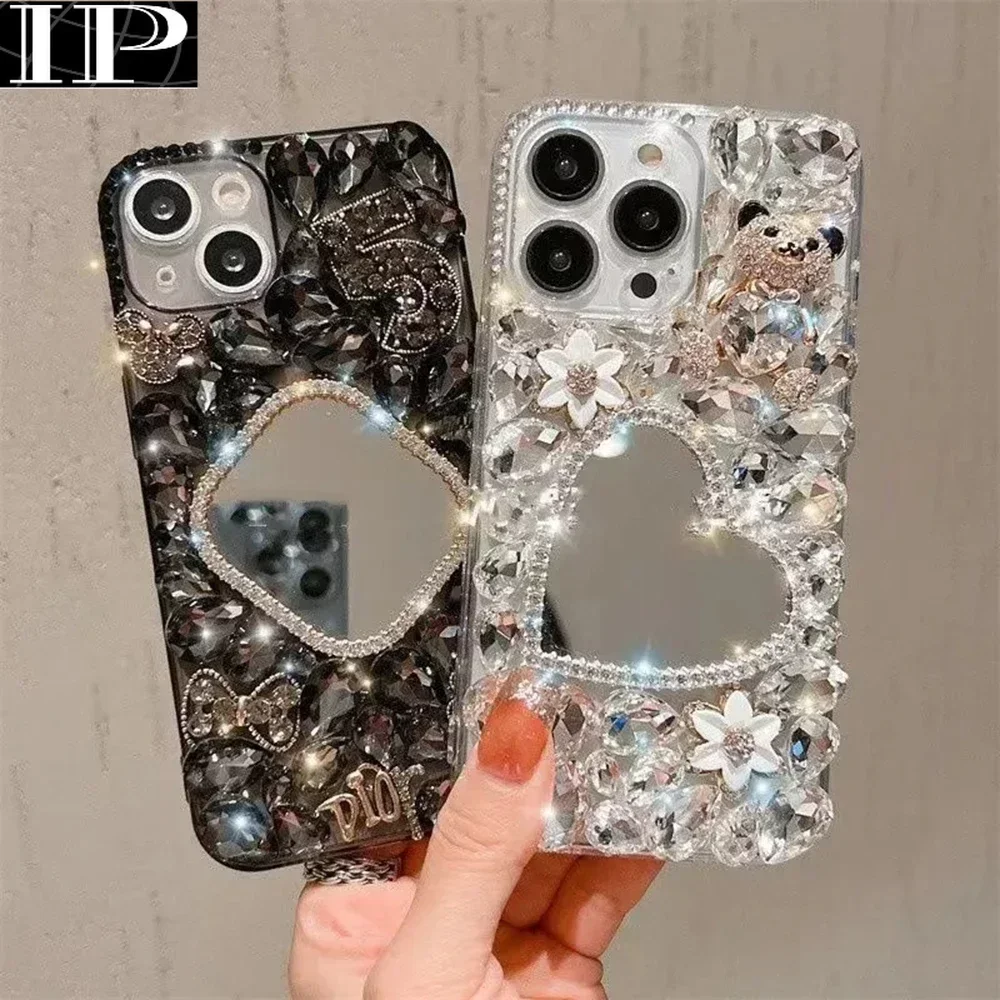 Luxury Stereoscopic Glitter Diamond Square Love Mirror Case for IPhone 15 14 13 12 11 Pro Max Hight Quality Bling Bumper Cover