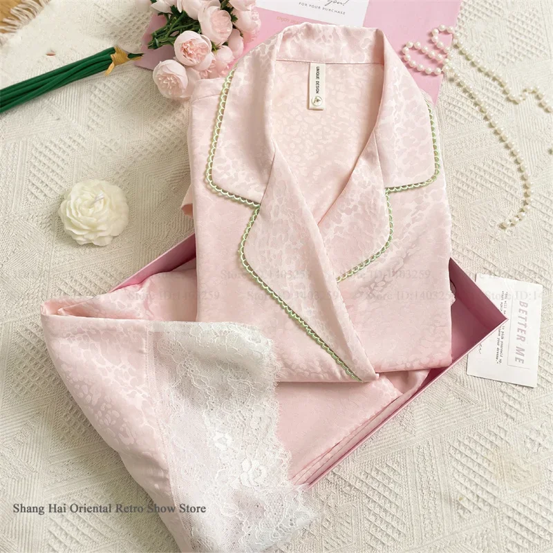 New Autumn Women's 2Pcs Pajamas Set Sleepwear Jacquard Lace Long Sleeve Trouser Pijamas Suit Chinese Style Satin Homewear Pyjama