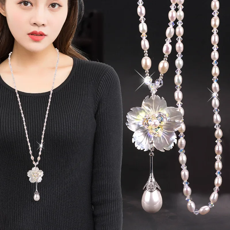 Collares de perlas de concha elegantes, colgante de gota de agua de flor hecho a mano, collar largo, cadena de suéter con borlas, cadena de cuentas de cristal, joyería