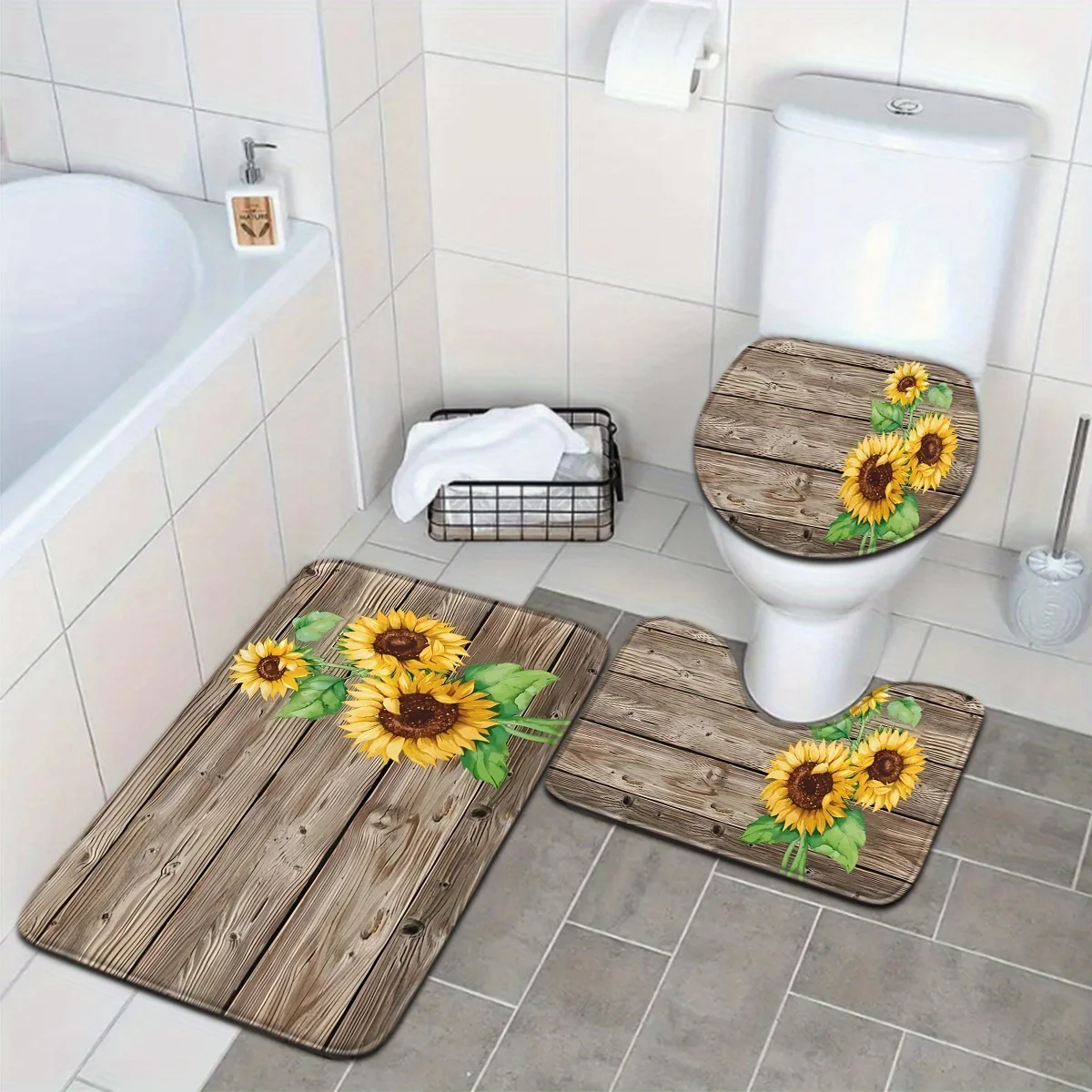 

3-piece set of plant series wood board sunflower pattern bathroom mat set toilet mat U-shaped foot mat for bathroom