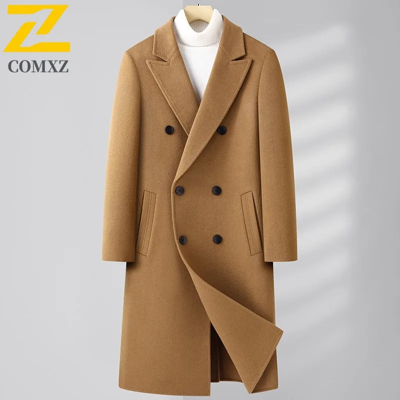 COMXZ 2025 Men Long Double Breasted Wool Coat Down Inner Layer Reversible Cashmere Overcoat Knee Length Winter windbreaker