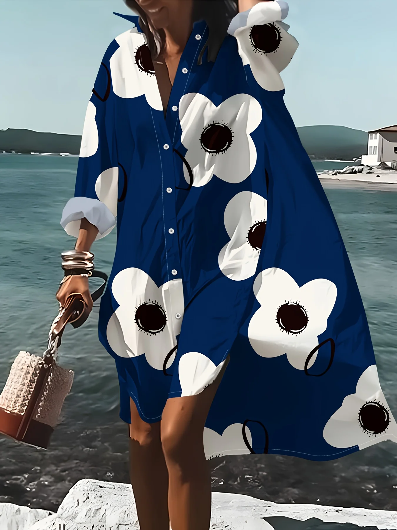 Damen Langarm-Hemdkleid im Urlaubsstil mit Blauem Hintergrund und Weißem Blumendruck, Lässiges Sommerkleid mit Lockerer Passform und Fließendem A-Linien-Schnitt