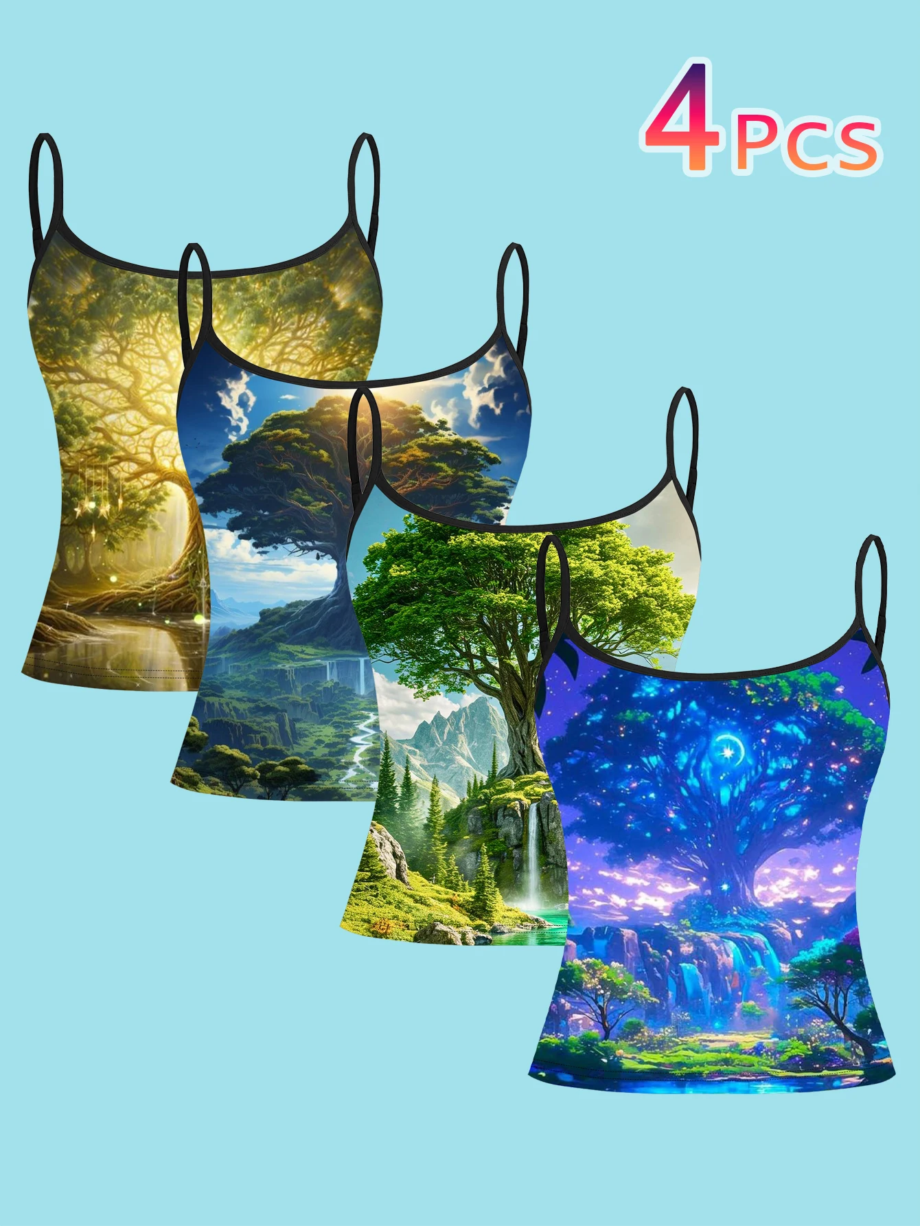 4-Piece Set of Fantasy Ancient Tree Landscape Print Camisoles, Stylish and Unique Slim-Fit Inner Tank Tops
