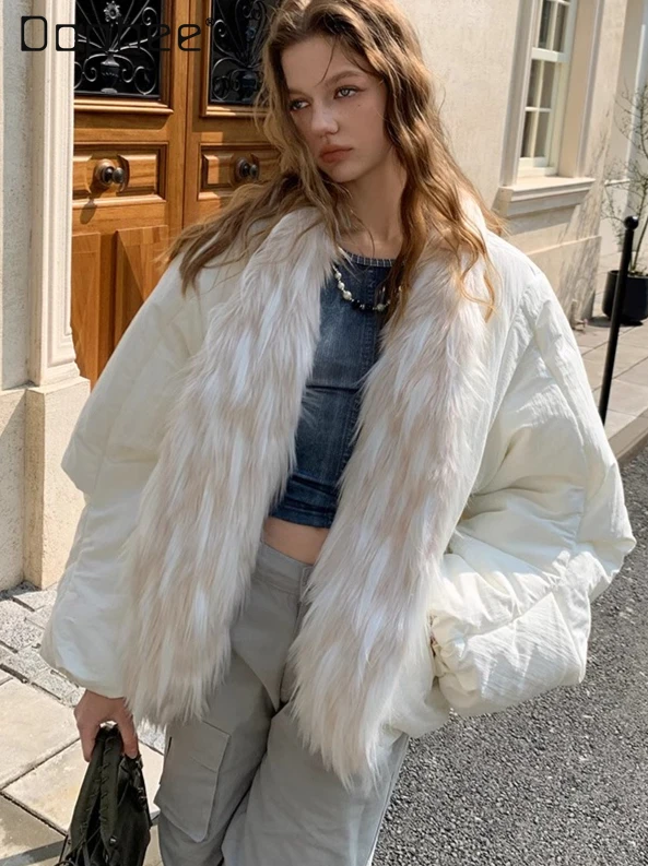 Corea Ins Street blanco ecológico piel sintética Patchwork invierno nuevas chaquetas de algodón grueso para mujeres Chaqueta corta de piel de gama alta