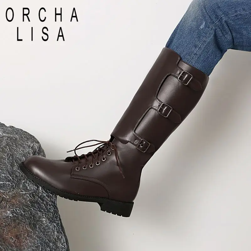 

ORCHA LISA 2025 Men's Riding Boots Round Toe Lace Up Belt Buckles Metal Decoration Large Size 47-49 Soft Daily Knee High Bota