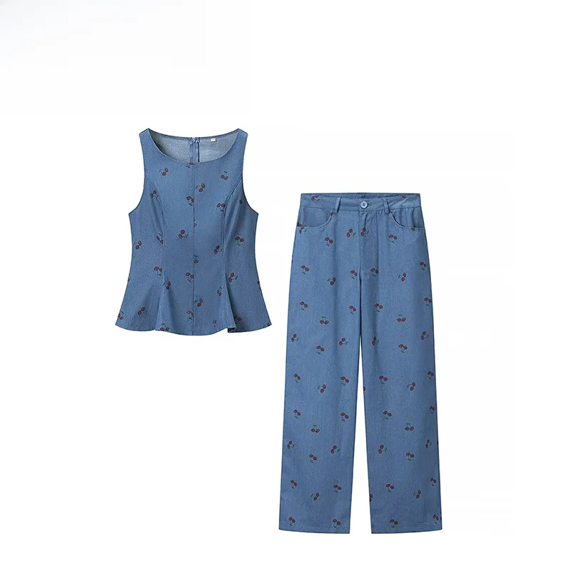 Fashionable round Neck Sleeveless Denim Print Set ZR Autumn New Arrival Women's Clothing Casual Daily Style No Brand Registered