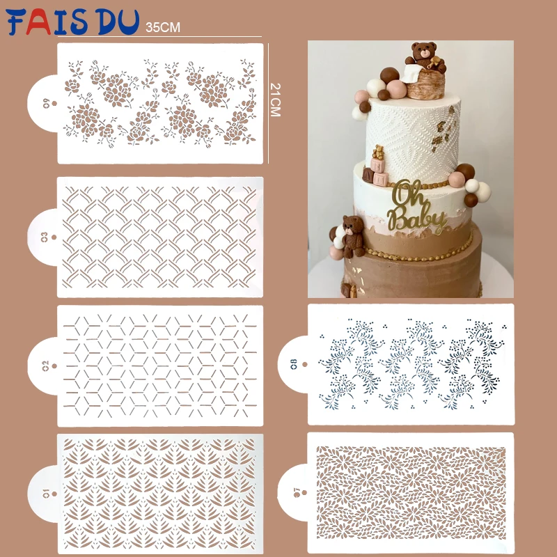 FAIS DU 4pcs Cake Decorating Stencils Print Hollow Decoration Molds Spray Floral Cake Templates Embossed Fondant Mat