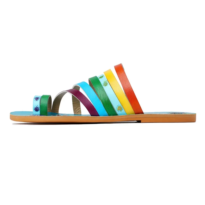 Bohemian Vintage Style Slippers Summer Women GENUINE Leather Flip Flops Shoes Woman Clip Toes Slides Slippers Beach Shoes 2023