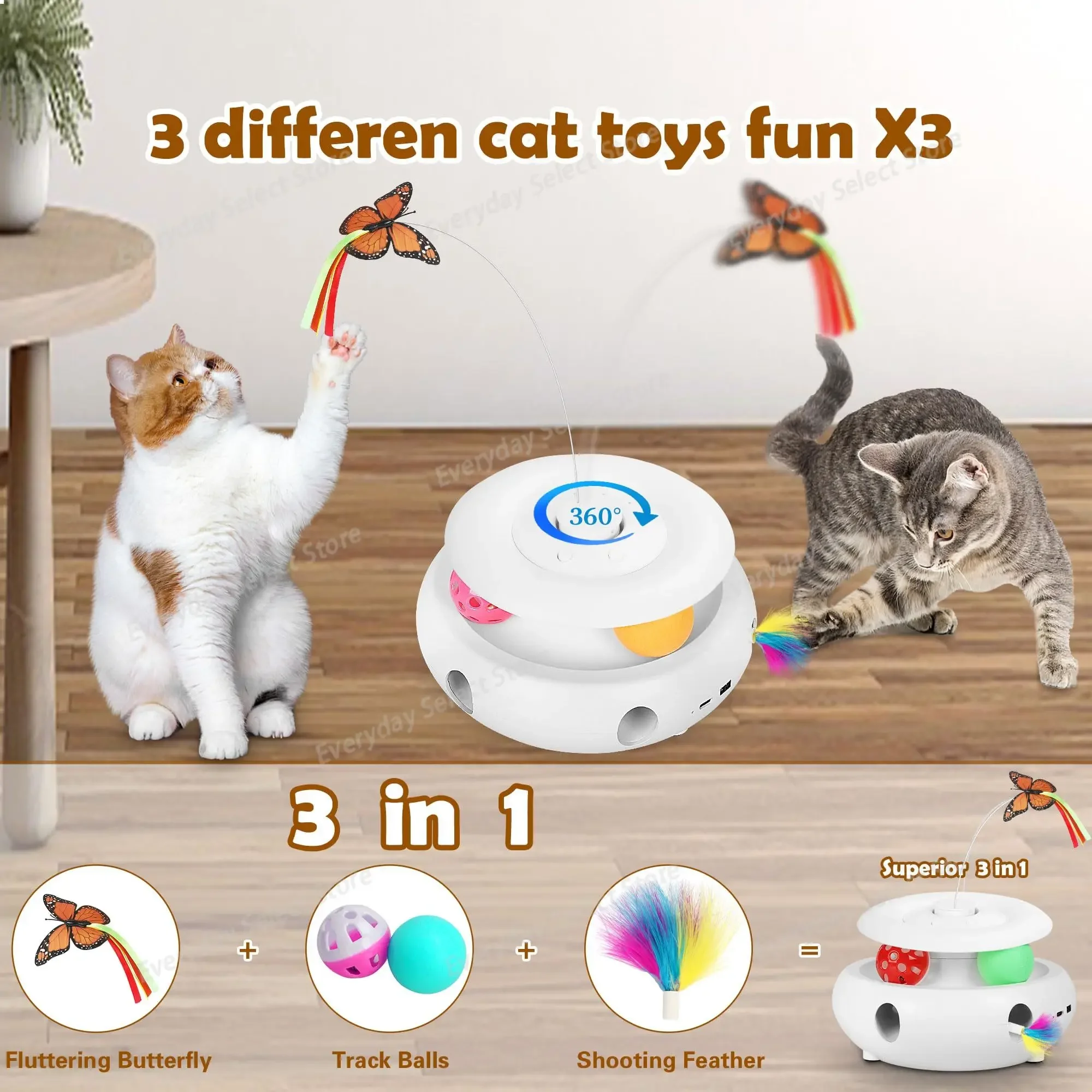 Interactive Cat Toy Auto‑Play Unit for Indoor Cats 3‑in‑1 Electric Cat Toy USB Rechargeable, Kitten Gadget Cat Exercise Supplies