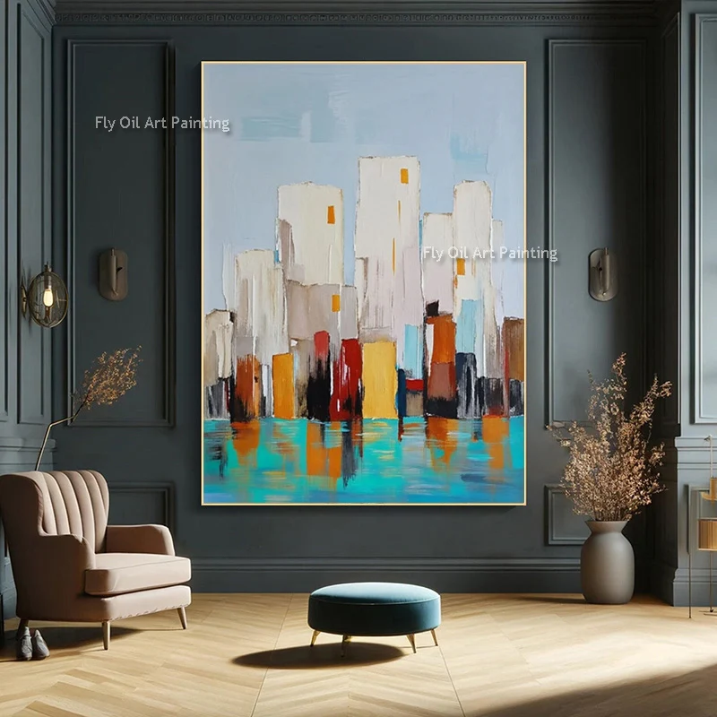 Green Blue White Artwork Abstract Canvas City Building Oil Painting Handpainted Special Red Yellow Cityscape Wall Art Decor