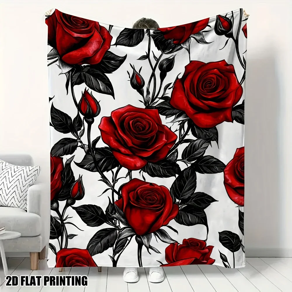 White Background Bright Red Rose Black Leaf Fashion Print Warm Blanket For Bedroom Sofa Camping Home Leisure Daily Household Use