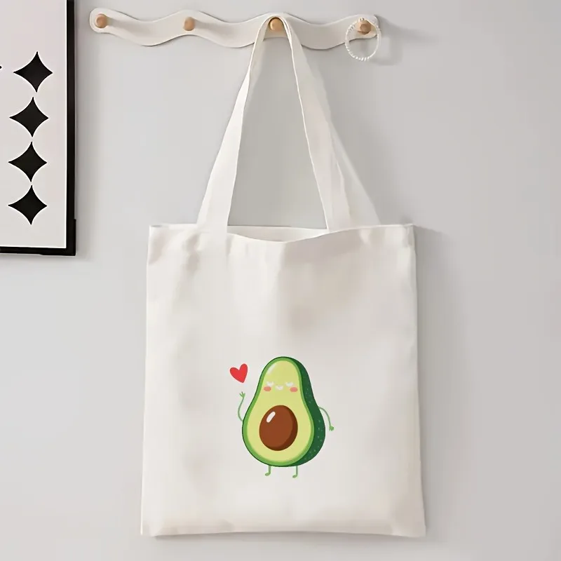 Cute Cartoon Avocado with Heart Canvas Tote Bag Women Shopping Bag Kawaii Fruit Print Shoulder Handbag Student Book Bag Gift