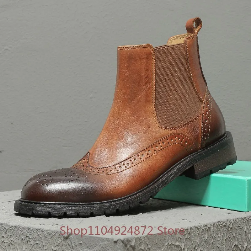 High End Brogue Carved Genuine Leather Chelsea Boots Work Business Casual  Slip‑On Pleated Cowhid Autumn Winter Snown Boots Male