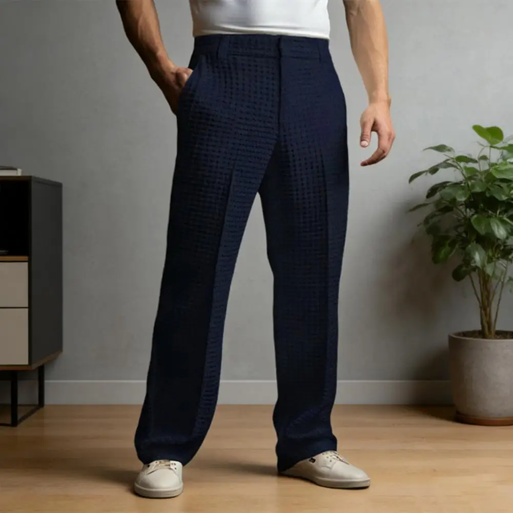 Men Waffle Dress Pants Casual Business Suit Trousers Wide Leg Trousers with Belt Loop for Office Dating Vacation Daily Wear