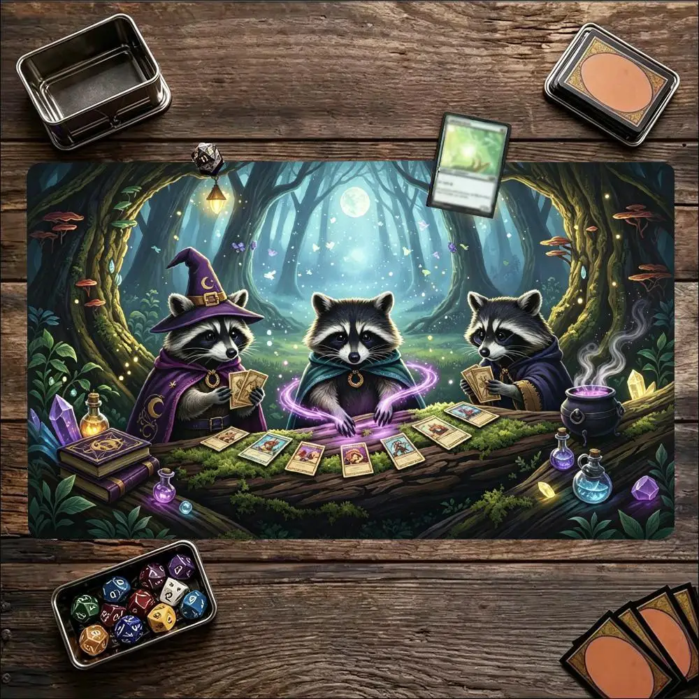 Cute Wizard Raccoons MTG Trading Card Playmat 600x350 TCG Play Mat Non-Slip Durable Stitched Edge Magic Gathering Card Game Mats