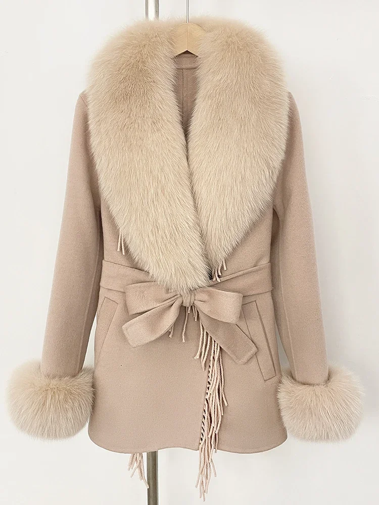 Giacca di lana di pelliccia naturale moda donna Cappotto corto di lana di vera pelliccia di volpe Nuovi vestiti autunno inverno Cappotto con nappa femminile