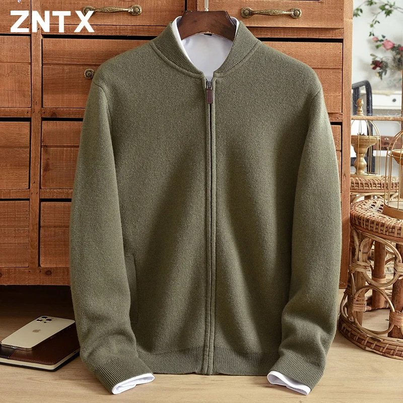 

ZNTX Pure cashmere cardigan men's thick sweater loose half turtleneck zipper middle-aged dad suit solid color warm coat knit