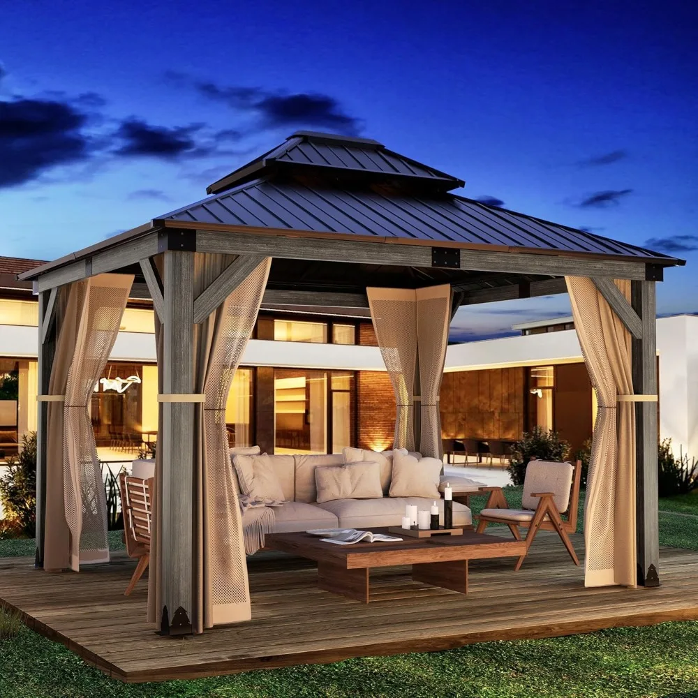 

10x12 FT Hardtop Wood Gazebo, Cedar Wood Frame Gazebo with Double Metal Roof, Outdoor Gazebo