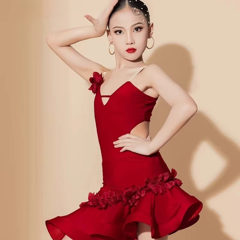 여아 라틴 댄스 드레스 레드 차차 룸바 삼바 트레이닝 탑 스커트 연습복 어린이 댄스 드레스 CN-25131
