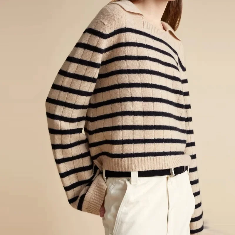 KH@IT@E Sweater Women\'s Autumn/Winter Striped Lazy Style Top Thick Warm Hoodie Square Neck Wool Knitted Pullovers