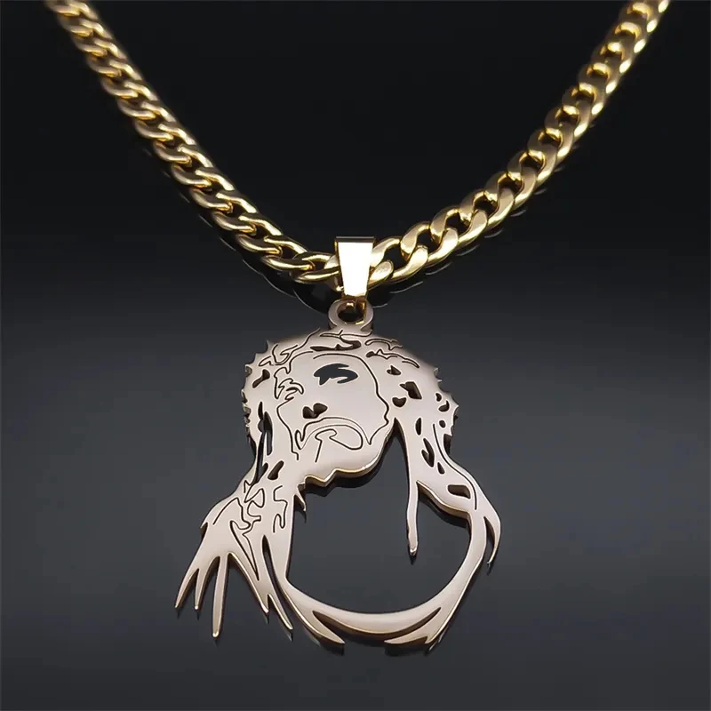 Crown of Thorns Jesus Goddess Necklace for Women Men Stainless Steel Gold Color Hip Hop Long Chain Necklaces Jewelry N3318S05