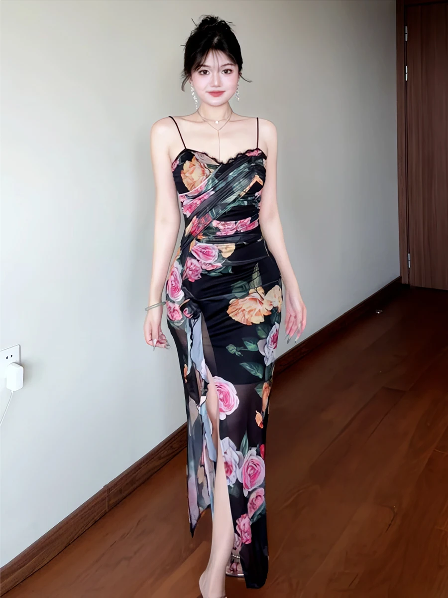 Retro Floral Print ter Dr Women's Slim Fit Summer New Sle Pure Desirable Sexy Long Split Waist Slimming Dr